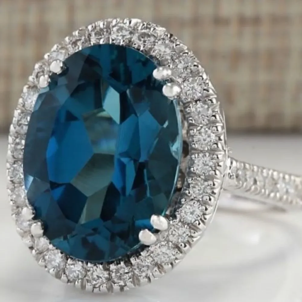 925 Sterling Silver Dark Blue Oval Topaz RING With CZ White Diamonds